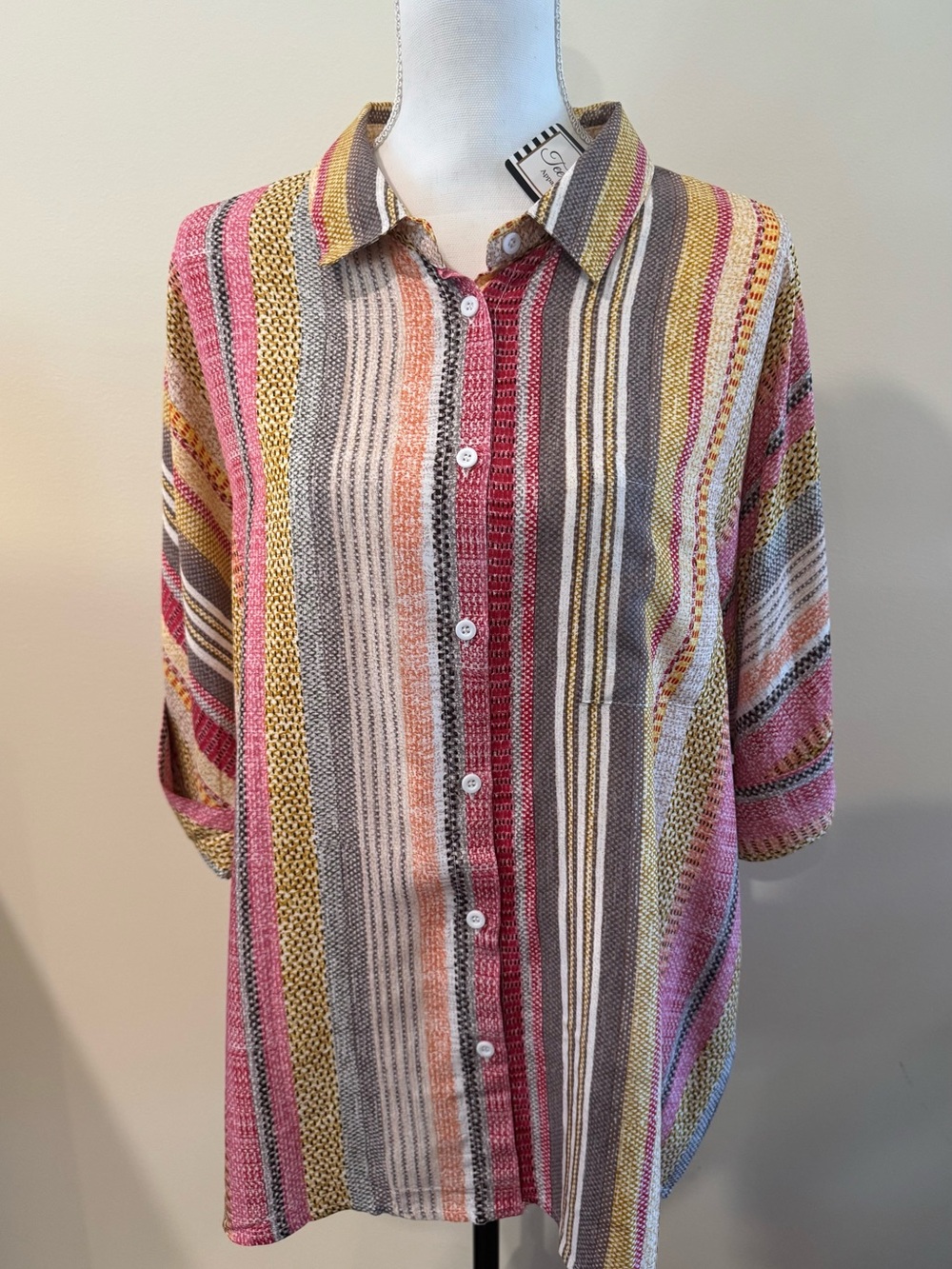 Women's Multicolor Striped Button-Down Shirt - Pink/Yellow/Gray